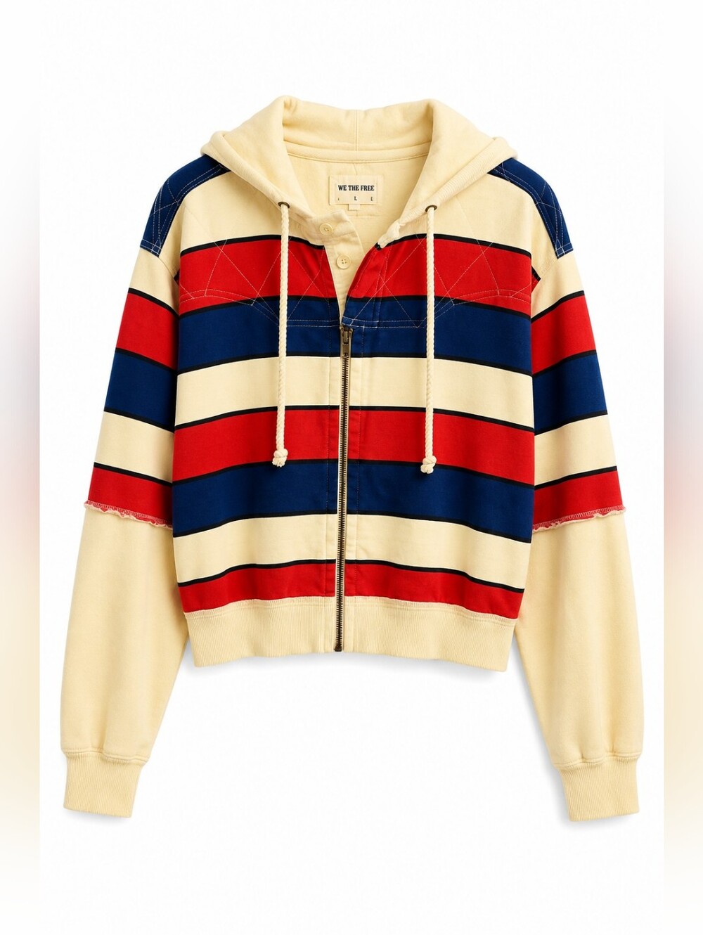 We The Free “Ry” Striped Cropped Zip Hoodie, L, Flaw, Coastal, Rugby, Blokecore
